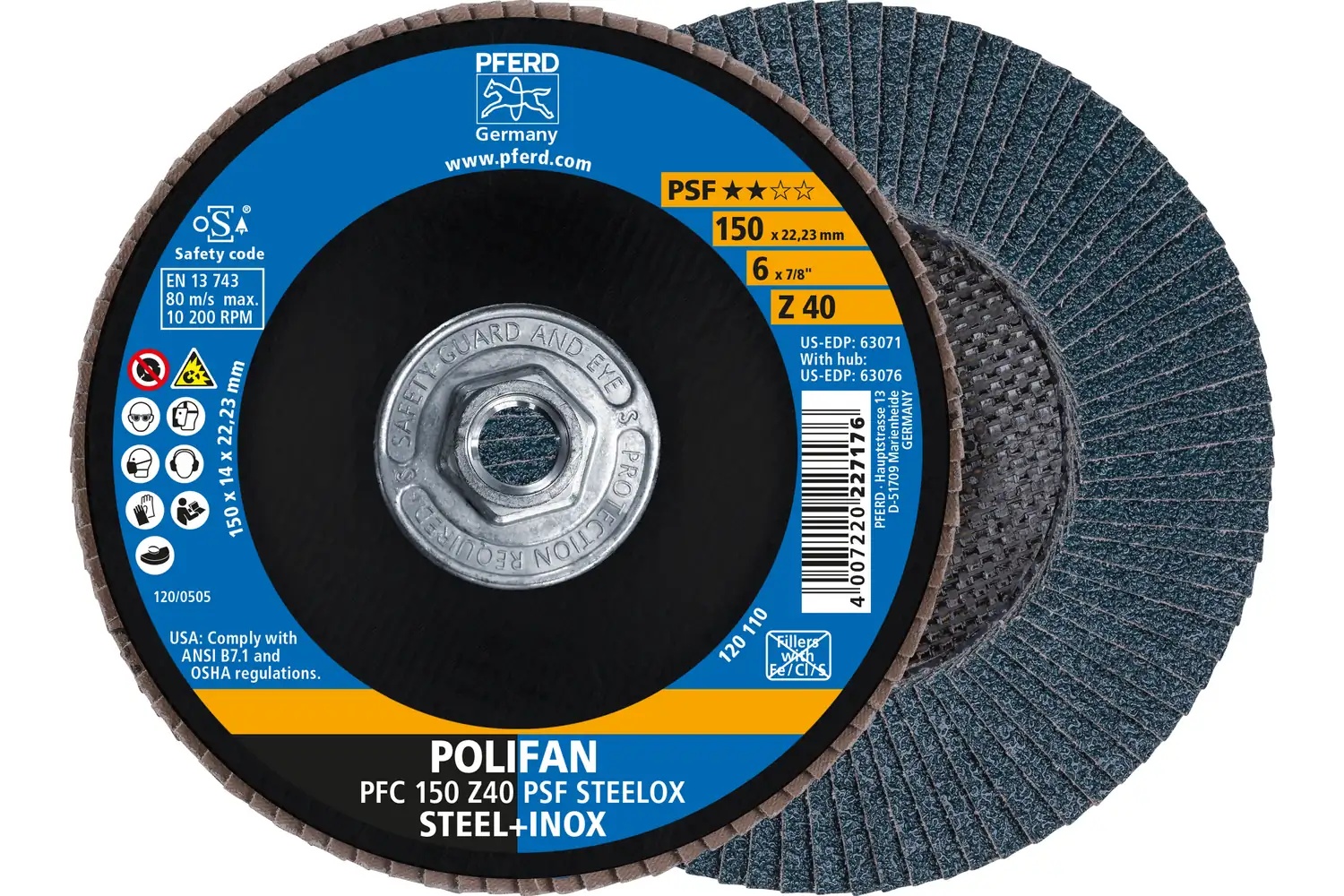 Picture of Pferd Flap Disc, 6" x 5/8-11, Z PSF Steelox, 40 Grit, T29, Conical, Zirconia